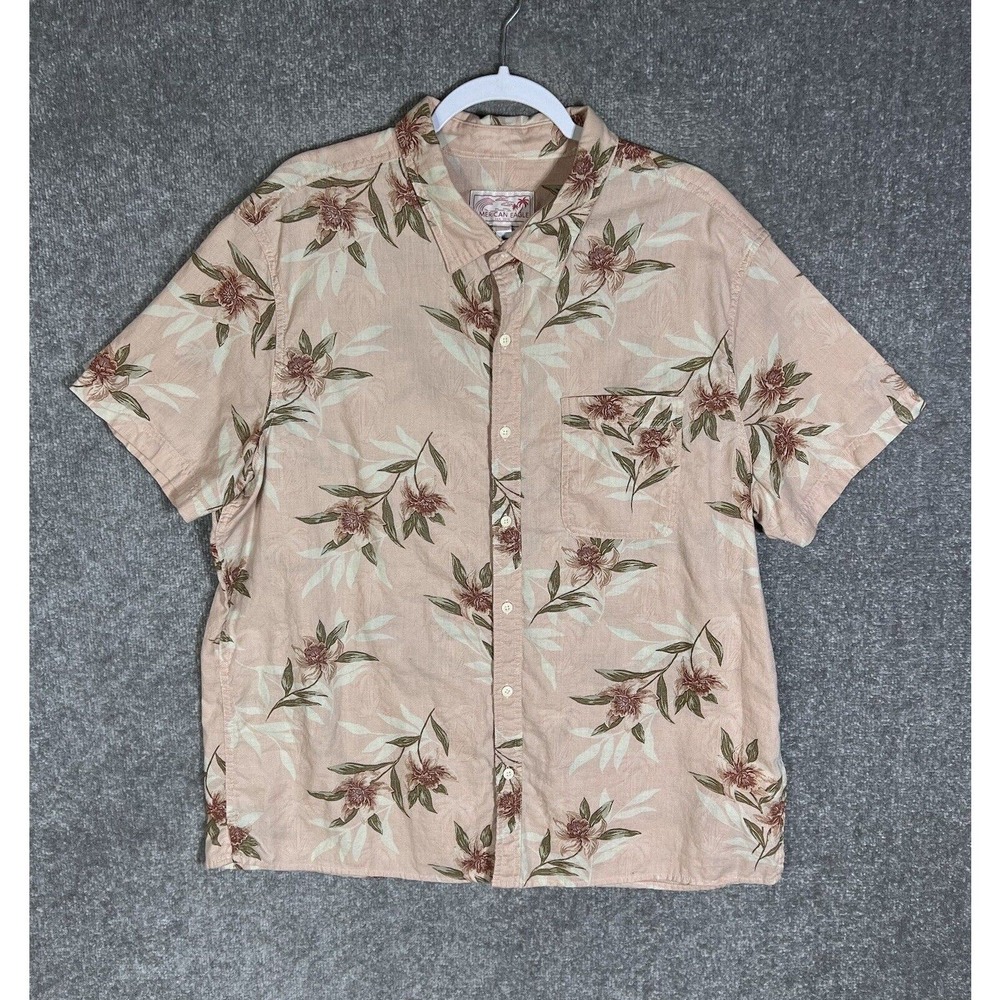American Eagle Linen Cotton Hawaiian Floral Button Up‎ Shirt Mens Size XXL Pink